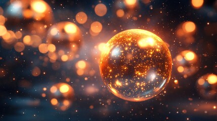 Poster - Abstract 3D spheres with a glowing effect, floating in a space with a dark background, creating a luminous and ethereal atmosphere
