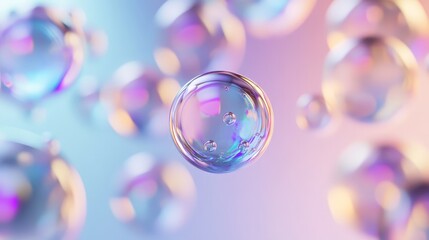 Poster - Abstract 3D spheres with transparent and iridescent surfaces, floating against a soft gradient background for a dreamy effect