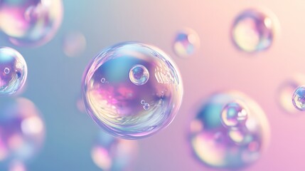Poster - Abstract 3D spheres with transparent and iridescent surfaces, floating against a soft gradient background for a dreamy effect