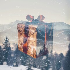 Sticker - A large box with a red ribbon is floating in the air above a snowy mountain. The scene is serene and peaceful, with the box appearing to be a gift waiting to be opened