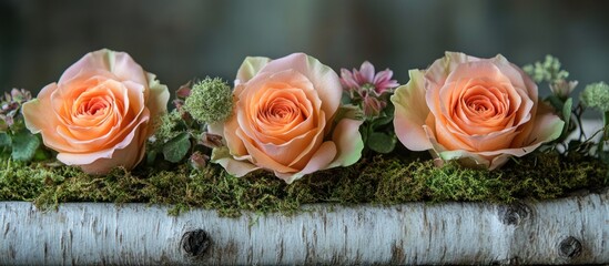 Wall Mural - Three peach roses nestled in moss on birch bark.