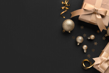 Wall Mural - Christmas composition with gift boxes and balls on dark background