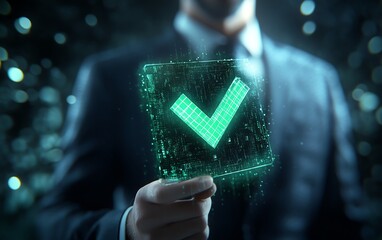 Poster - Businessman with a glowing green check mark hologram, representing compliance, certification, or audit, hightech and professional, clear and detailed, ultraHD