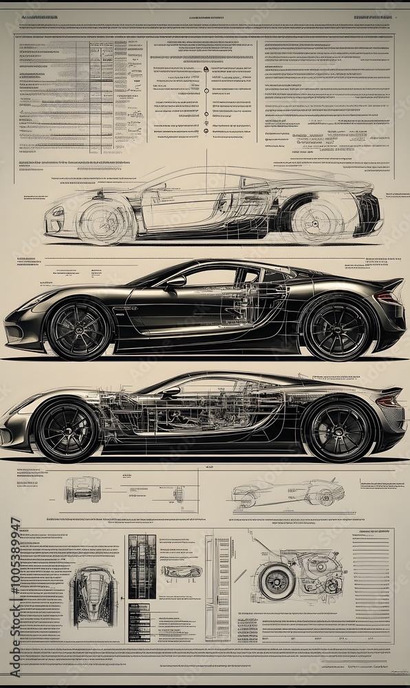 Sleek and Powerful Sports Car Blueprint Diagram Showcasing Detailed