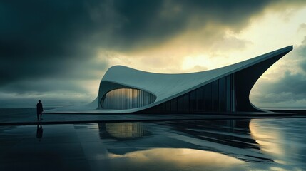 Poster - A modern, sleek building with a flowing design set against a dramatic sky and reflective surface.