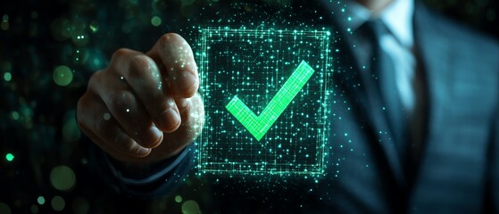 Poster - Closeup of a businessman displaying a green compliance tick symbol in a digital hologram, certification and audit concept, modern and vivid, highdefinition
