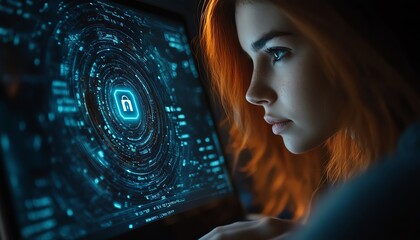 Poster - Closeup of a Privacy Lock icon on a laptop screen, woman using computer with virtual interfaces, emphasizing digital security, ultraHD