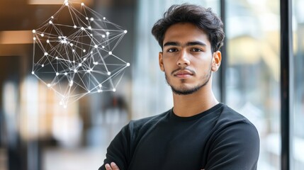 Poster - A young man stands confidently with a digital network graphic overlay.