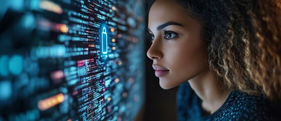 Aufkleber - Closeup of a woman working on a laptop with a Privacy Lock icon displayed on virtual screen interfaces, emphasizing security, highdefinition