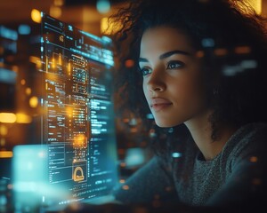 Aufkleber - Closeup of a woman working on a laptop with a Privacy Lock icon displayed on virtual screen interfaces, emphasizing security, highdefinition