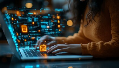 Aufkleber - Closeup of a woman working on a laptop with a Privacy Lock icon displayed on virtual screen interfaces, emphasizing security, highdefinition