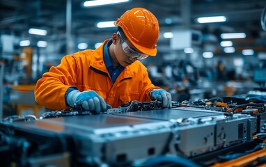 Poster - Closeup of Chinese engineer working on EV battery module, electric vehicle factory with detailed machinery and advanced technology, highresolution
