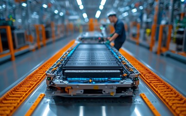 Poster - Closeup of Chinese engineer working on EV battery module, electric vehicle factory with detailed machinery and advanced technology, highresolution