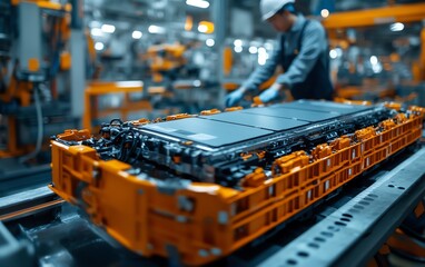 Poster - Closeup of Chinese engineer working on EV battery module, electric vehicle factory with detailed machinery and advanced technology, highresolution