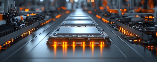 Poster - Closeup of electric vehicle battery cells on an assembly line, emphasizing mass production machinery and hightech environment, detailed and clear, highdefinition