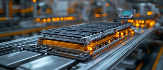 Poster - Closeup of electric vehicle battery cell assembly line, focusing on mass production equipment and detailed processes, sharp and vibrant, 8K quality