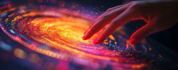 Poster - Closeup of hand touching rotating data flow, background with advanced data flow processing visualization, vibrant colors and clarity, highdefinition