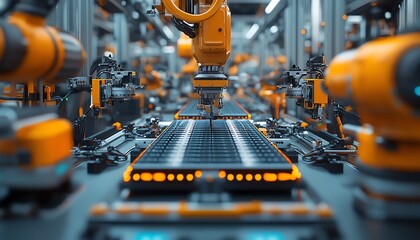 Poster - Closeup view of mass production assembly line for electric vehicle battery cells, detailed machinery and components, hightech environment, sharp focus, 4K resolution