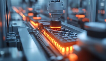 Poster - Closeup view of mass production assembly line for electric vehicle battery cells, detailed machinery and components, hightech environment, sharp focus, 4K resolution