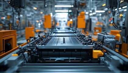 Poster - Closeup view of mass production assembly line for electric vehicle battery cells, detailed machinery and components, hightech environment, sharp focus, 4K resolution