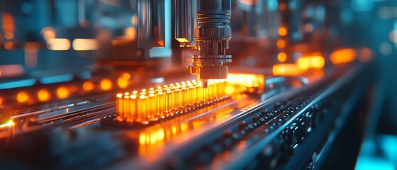 Poster - Detailed closeup of battery cell production line for electric vehicles, showcasing assembly process and machinery, vibrant colors, 4K quality