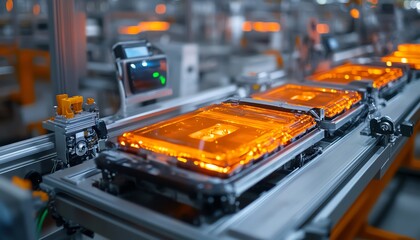 Aufkleber - Detailed closeup of electric vehicle battery cell production line, highlighting assembly process and hightech equipment, vibrant and clear, ultraHD