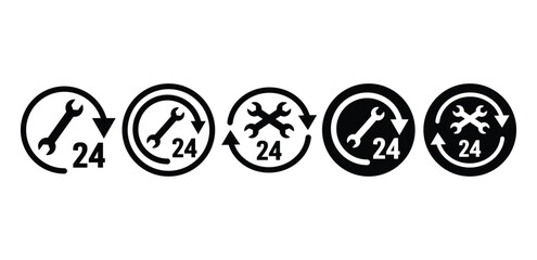 set of car service 24 hours symbol sign badge icon vector design black white color illustration