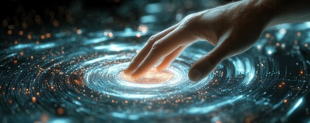 Poster - Detailed view of a hand touching a spinning data flow, abstract data flow processing visualization background, futuristic and highresolution, 8K quality