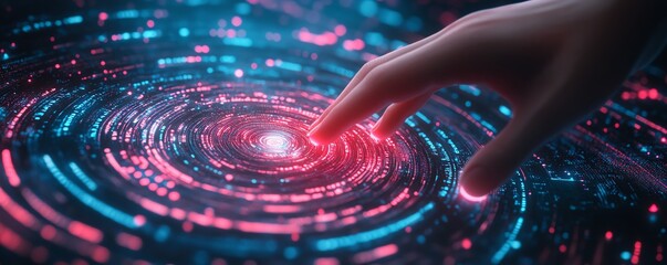 Fototapete - Detailed view of a hand touching a spinning data flow, abstract data flow processing visualization background, futuristic and highresolution, 8K quality