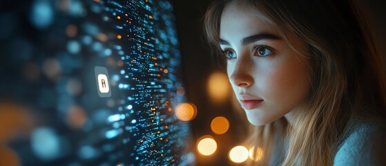 Aufkleber - Detailed view of a woman using a laptop, Privacy Lock icon on virtual screen interfaces, modern technology theme, highresolution, 8K quality