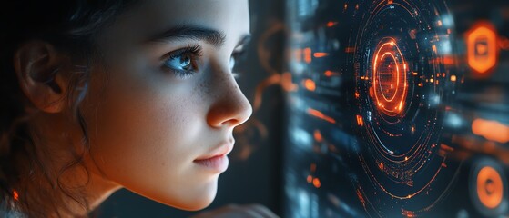 Aufkleber - Detailed view of a woman using a laptop, Privacy Lock icon on virtual screen interfaces, modern technology theme, highresolution, 8K quality