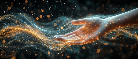 Fototapete - Dynamic data flow spinning with a hand in contact, data processing visualization background, futuristic and detailed, highresolution, 4K