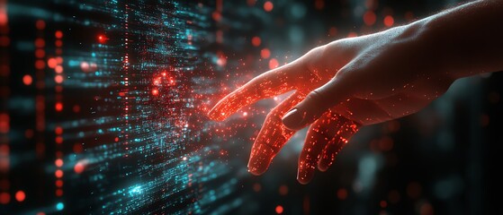 Fototapete - Dynamic data flow spinning with a hand in contact, data processing visualization background, futuristic and detailed, highresolution, 4K