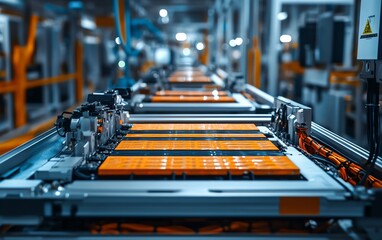 Poster - Electric vehicle battery cells being assembled on a production line, closeup perspective, showcasing intricate processes and equipment, highresolution
