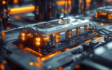 Poster - Electric vehicle battery cells on a mass production assembly line, closeup view showcasing intricate details and machinery, highdefinition