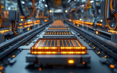 Poster - Electric vehicle battery cells on a mass production assembly line, closeup view showcasing intricate details and machinery, highdefinition