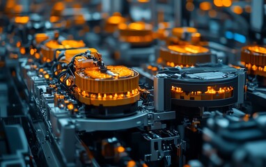 Poster - Electric vehicle battery cells on a mass production assembly line, closeup view showcasing intricate details and machinery, highdefinition