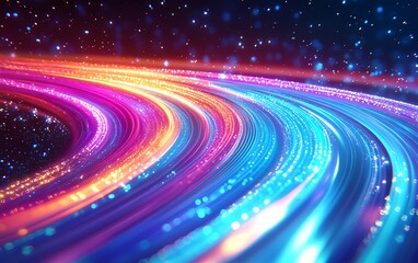 Glowing light trails from data cables transferring information, futuristic background with vivid colors and dynamic effects, highdefinition