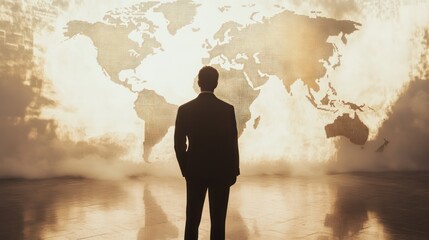 Poster - A silhouette of a man facing a large world map, symbolizing global perspective and ambition.