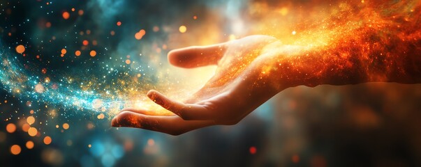 Poster - Hand reaching out to a rotating data flow, data flow processing visualization with bright and dynamic background, modern and vivid, highdefinition