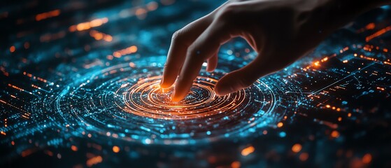 Fototapete - Hand touching a spinning data flow, data flow processing visualization background, dynamic and futuristic design, highresolution, 4K quality