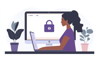 Aufkleber - Laptop screen showing a Privacy Lock icon, woman working on computer with virtual interfaces, security concept, clear and vivid, highdefinition