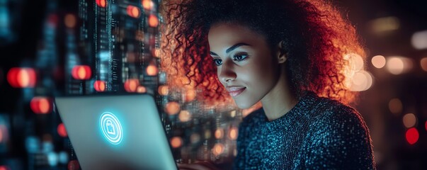 Aufkleber - Woman interacting with a laptop, Privacy Lock icon prominently featured on virtual screen, hightech interface and vibrant design, ultraHD
