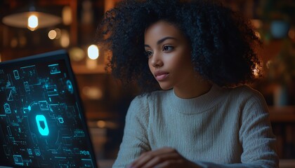 Aufkleber - Woman interacting with a laptop, Privacy Lock icon prominently featured on virtual screen, hightech interface and vibrant design, ultraHD