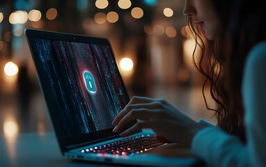 Aufkleber - Woman operating a laptop with a Privacy Lock icon on the virtual screen interface, focusing on data security, sleek and modern, highresolution