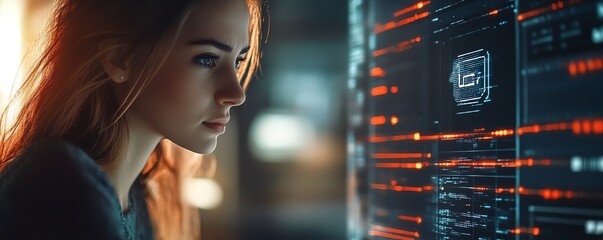 Aufkleber - Woman operating a laptop with a Privacy Lock icon on the virtual screen interface, focusing on data security, sleek and modern, highresolution