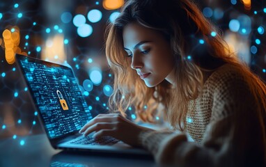 Wall Mural - Woman operating a laptop with a Privacy Lock icon on the virtual screen interface, focusing on data security, sleek and modern, highresolution