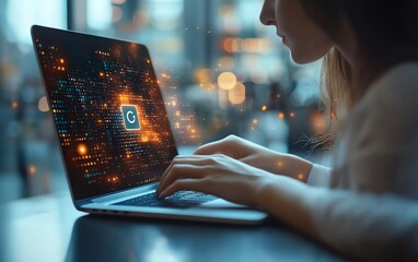 Aufkleber - Woman operating a laptop with a Privacy Lock icon on the virtual screen interface, focusing on data security, sleek and modern, highresolution