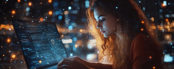 Aufkleber - Woman using a laptop computer, showing a Privacy Lock icon on virtual screen interfaces, modern and hightech setting, detailed and clear, 4K resolution