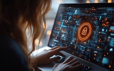 Aufkleber - Woman using a laptop with Privacy Lock icon on virtual screen, emphasizing privacy and security features, clear and detailed, 4K quality